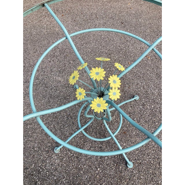 Mid-Century Modern Vintage Woodard Wrought Iron Blue Daisy Patio Table & 4 Chairs For Sale - Image 3 of 12