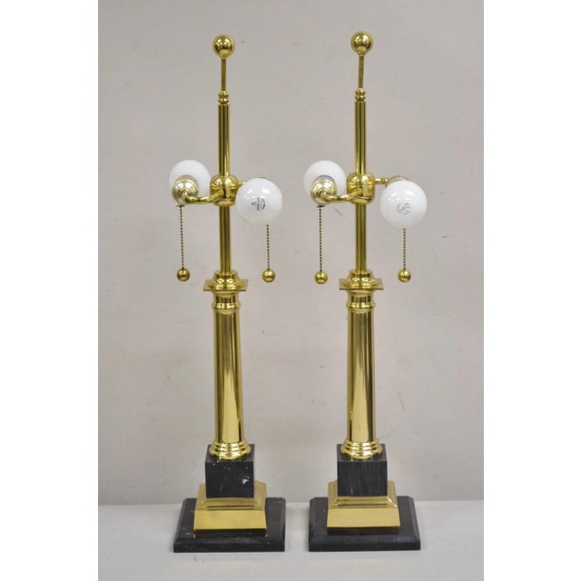 Vintage French Empire Brass & Italian Black Marble Column Table Lamps - A Pair For Sale - Image 4 of 12
