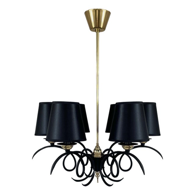 Black Cast Iron and Brass Chandelier, France, 1950s For Sale