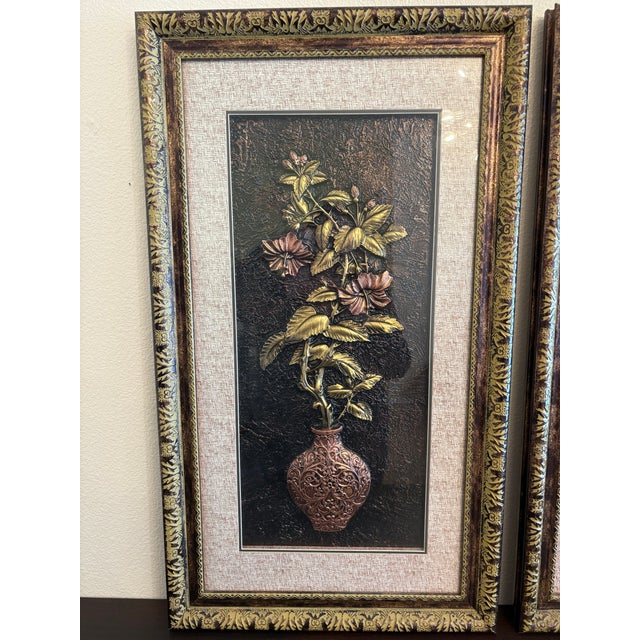 Mid-Century Modern Tin and Copper Embossed Vintage Metal Wall Sculptures in a Frame For Sale - Image 3 of 5