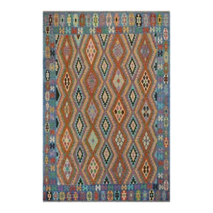 Southwestern Kilim Rust Blue Wool Rug - 8'2" X 9'6"