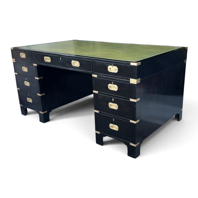 Campaign Antique British Campaign Style Executive Desk With Green Leather Writing Top For Sale - Image 3 of 15