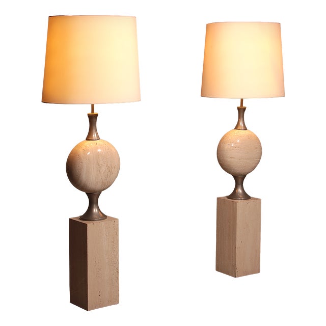 Travertine Floor Lamps by Philippe Barbier for Maison Barbier, 1970, Set of 2 For Sale