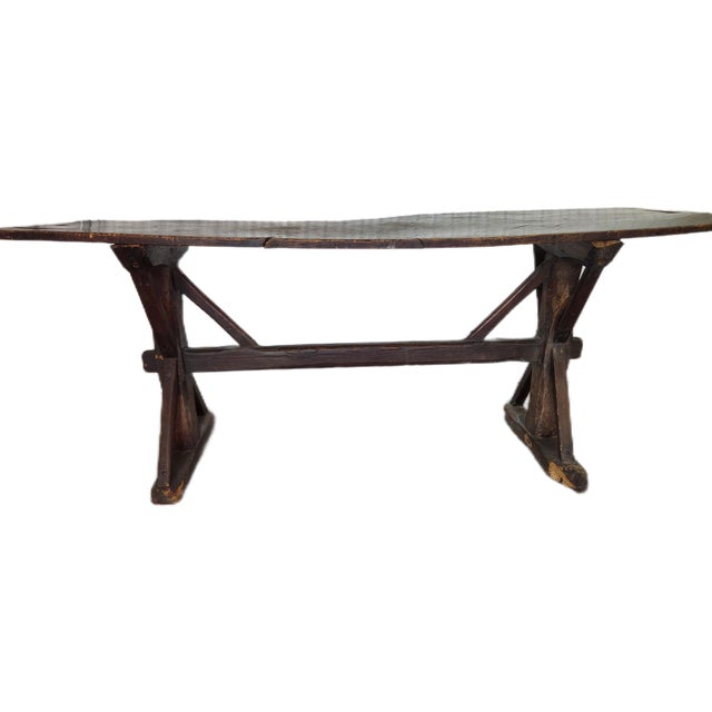 Antique English X-Frame Tavern Trestle Table – Walnut Wood Grain, Circa 1890 For Sale - Image 17 of 18