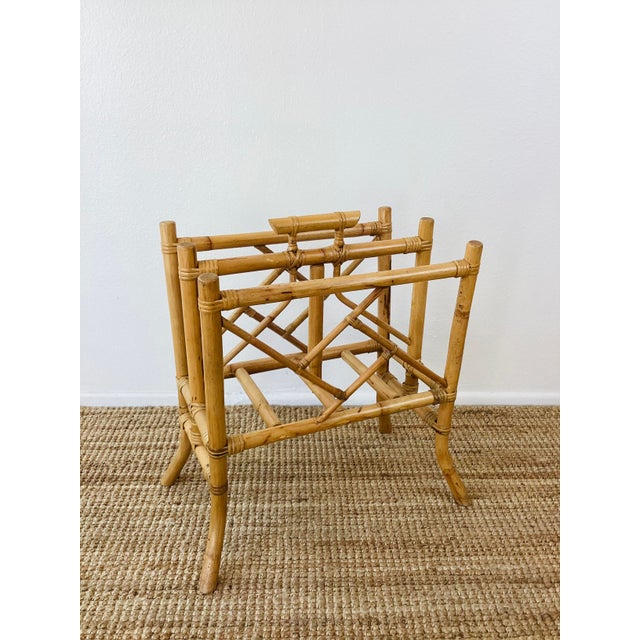 Vintage Bamboo Rattan Fretwork Magazine Rack Stand Chinoiserie / Boho Style For Sale - Image 4 of 6