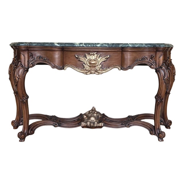 Early 20th Century Large French Regency Carved Walnut Console Table with Gilted details and drawer For Sale