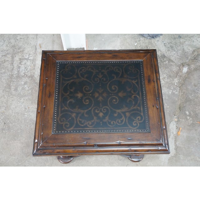 Bernhardt Old Word Tuscan Etched Metal & Wood Marquis Square Side End Table 31" For Sale - Image 6 of 18