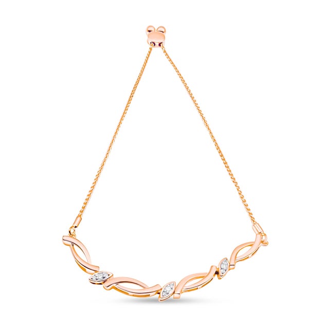 Contemporary 14K Rose Gold Plated .925 Sterling Silver 1/10 Cttw Diamond Alternating Swirl link Bolo Bracelet (I-J Color, I2-I3 Clarity) - 6" to 9" Adjustable For Sale - Image 3 of 5
