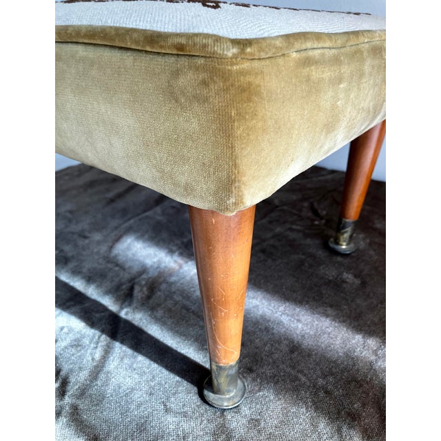 Mid-Century Modern Needlepoint & Chartreuse Velvet Footstool — Vintage Square Ottoman With Tapered Walnut Legs and Brass Ferrule Accents For Sale - Image 14 of 18