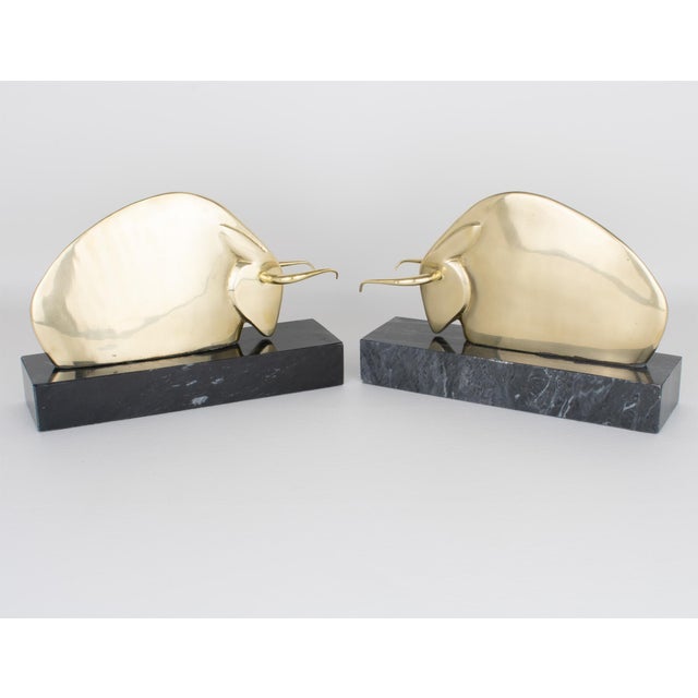 Brass Art Deco Polished Brass and Marble LongHorn Bull Bookends For Sale - Image 8 of 15