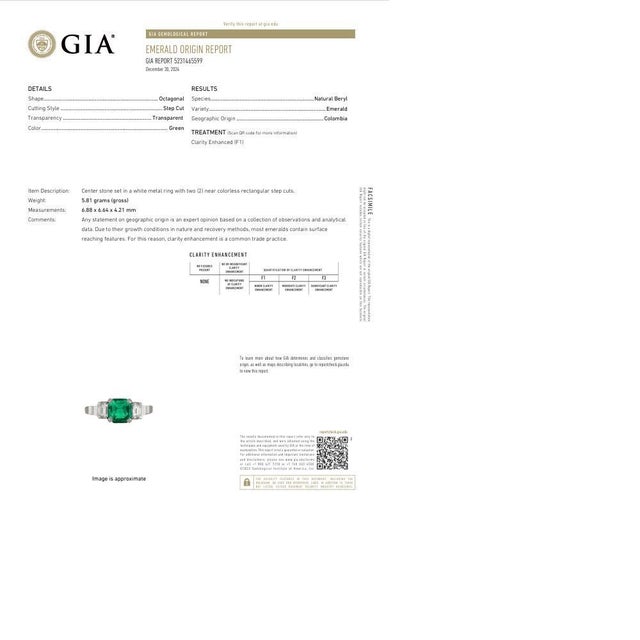 Metal 1.26 Carat Old-Mine Colombian Emerald Diamond Platinum Three-Stone Ring, Gia, Size 6.25 For Sale - Image 7 of 8