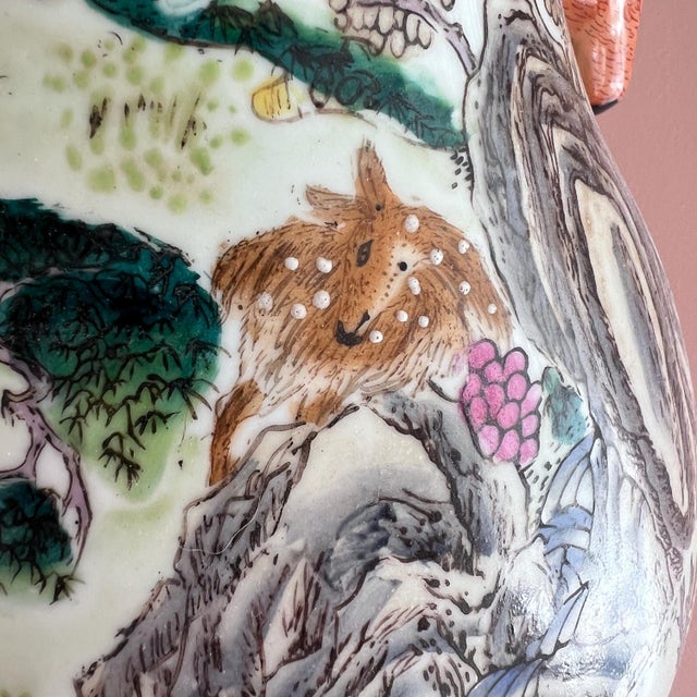1980s 1980s Beautiful 100 Deer vase // Chinoiserie // hand-painted ceramic vase // Asian decor // deer head handles // oversized vase // collectible For Sale - Image 5 of 9