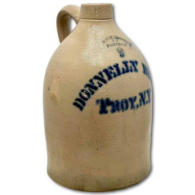 American Antique American Blue Decorated 2 Gallon Stoneware Advertising Jug by West Troy Pottery Co. New York Circa 1880s For Sale - Image 3 of 18