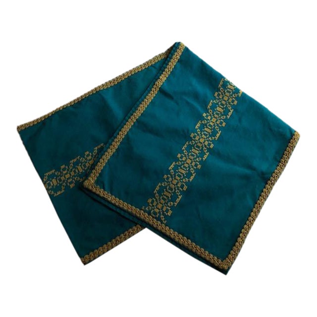 Mid 20th Century Mid-Century Turquoise and Gold Hand Embroidered Table Runner For Sale