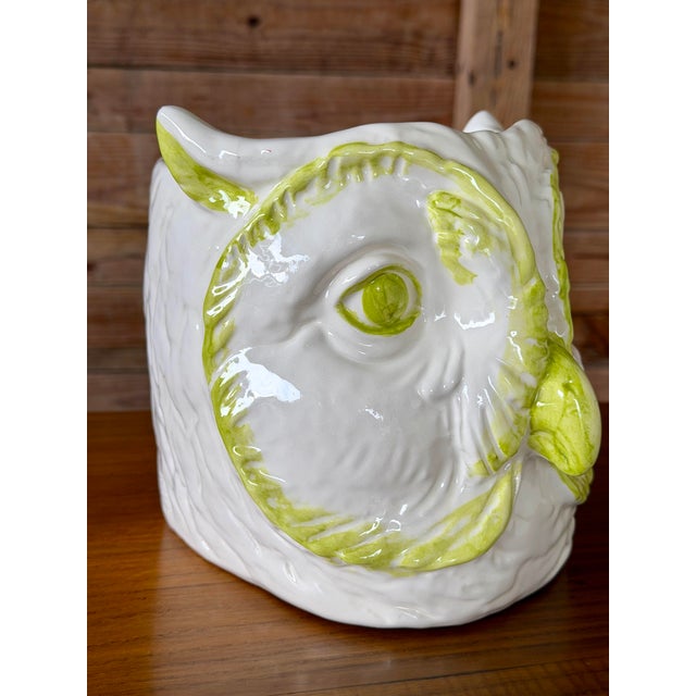 Traditional Vintage Glazed Ceramic Owl Planter Cachepot in White and Lime Green For Sale - Image 3 of 11