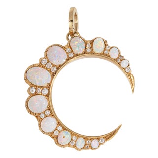 ​Antique Victorian Crescent Moon Pendant Opal Diamond 15k Gold Celestial Jewelry For Sale