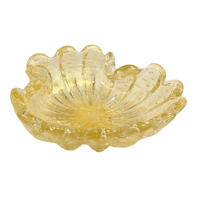 Midcentury Italian Murano Attributed Champagne Art Glass Clamshell Dish For Sale