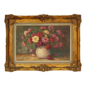 20th Century Belgian Still Life Bouquet Painting in Wooden Frame