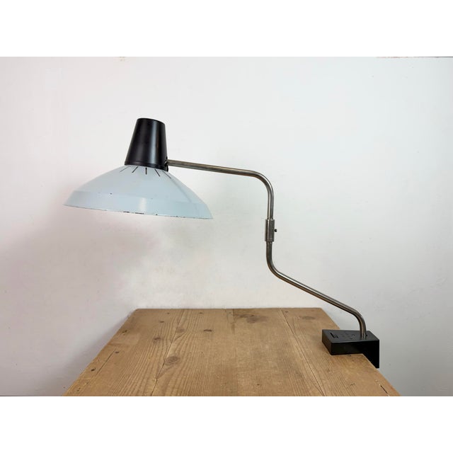 Vintage grey factory office table lamp made by Elektrosvit ( Typ 11688 ) in former Czechoslovakia during the 1970s. It...