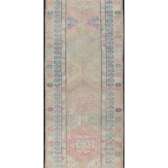 Traditional Turkish Oushak Runner in Soft Taupe With Faded Rose, Pale Blue, and Cream Accent For Sale - Image 3 of 12