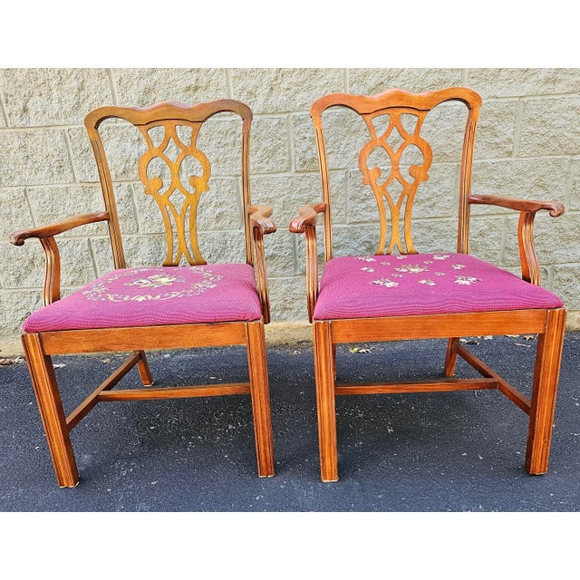 Wood Statesville Chair Mid-Century Chippendale Mahogany Needlepoint Upholstered ArmChairs, Pair For Sale - Image 7 of 10