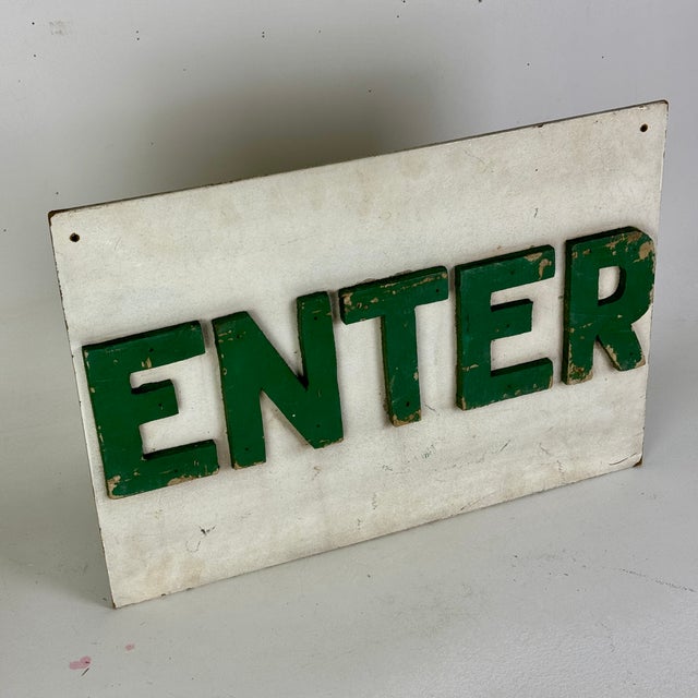 Vintage Large "Enter" Sign on Masonite With Raised Letters in Green Paint For Sale - Image 4 of 9