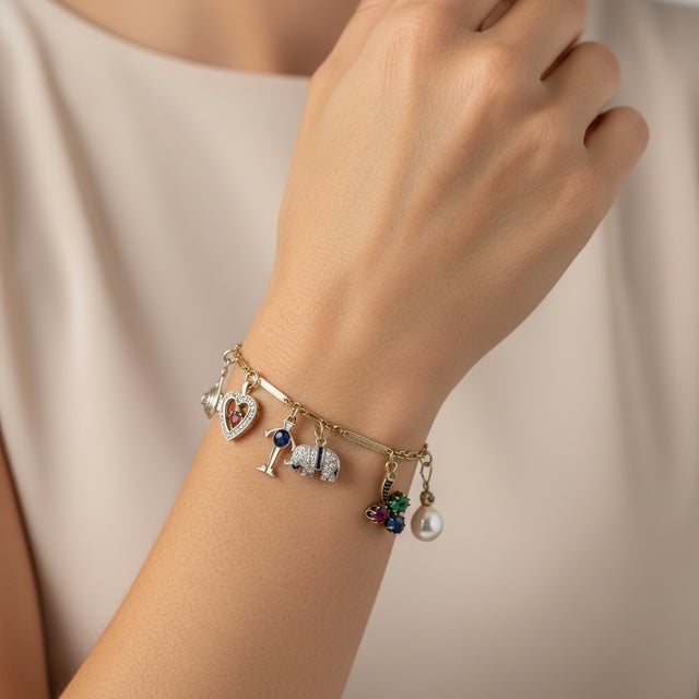 1920s Art Deco 14k Gold and Platinum Diamond and Gem Set Charm Bracelet For Sale - Image 12 of 12