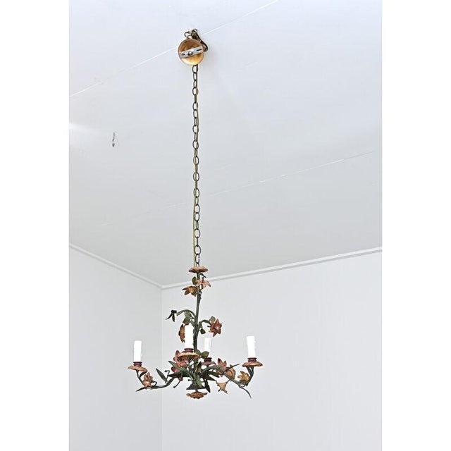 French Vintage Tôle Painted Floral Chandelier For Sale - Image 12 of 13