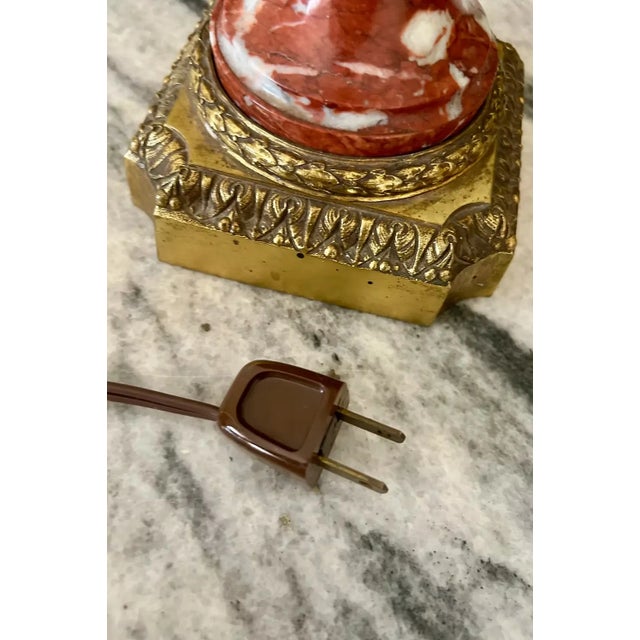 Metal Antique French Neoclassical Rouge Marble Lamp For Sale - Image 7 of 8