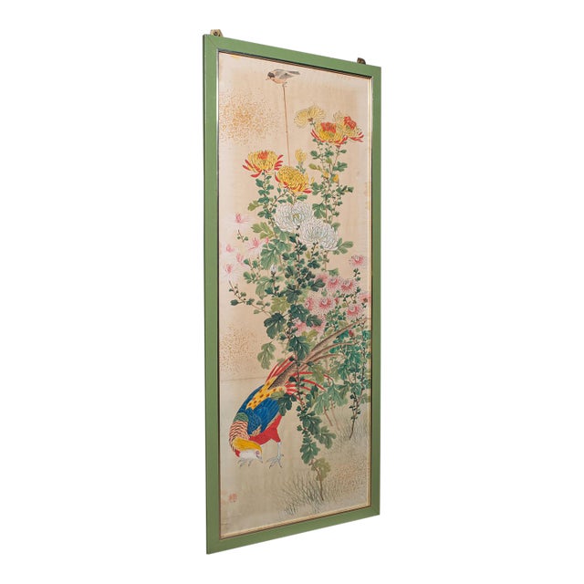 4' Tall Vintage Wall Panel, Oriental, Watercolour on Silk, Framed Art, Art Deco For Sale