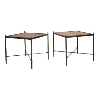 Wrought Iron and Wicker Side Tables, 1970s, Set of 2 For Sale