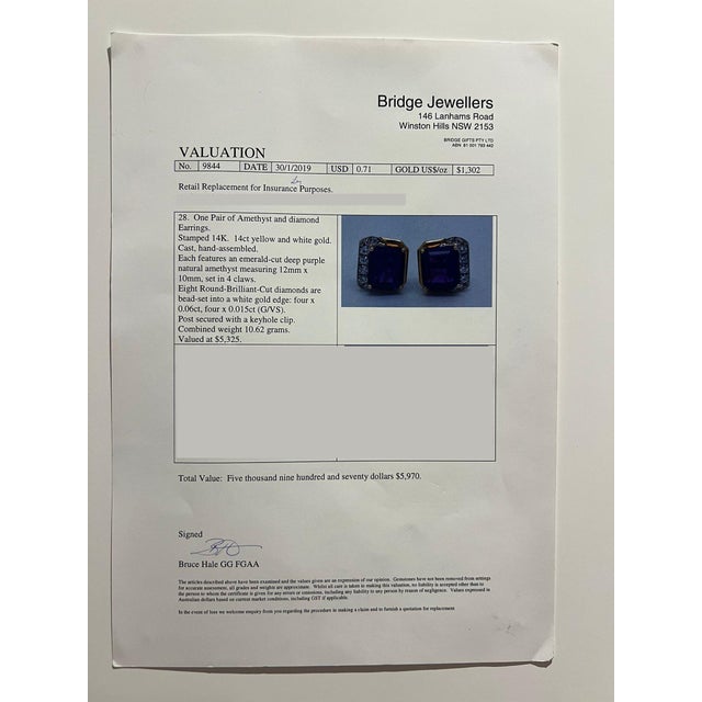 Metal 14ct Yellow and White Gold Amethyst and Diamond Earrings, A Pair For Sale - Image 7 of 7