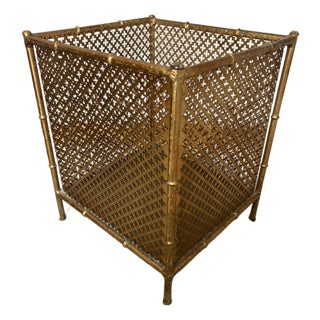 Faux Bamboo and Gilt Metal Waste Can For Sale