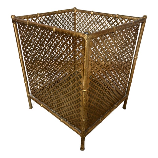 Faux Bamboo and Gilt Metal Waste Can For Sale