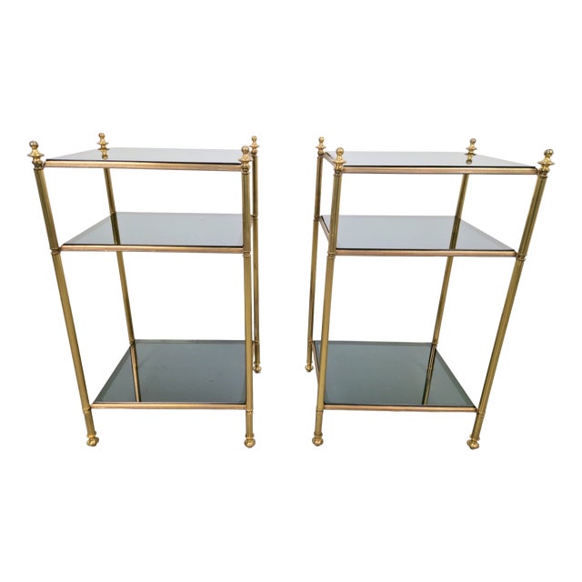 Mid-Century Modern 3-Tier Side Tables in Brass and Smoked Glass from Maison Jansen, 1960s, Set of 2 For Sale