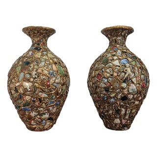 Monumental Pair California Memory Ware Mosaic Floor Vases Pique Asiette 23" For Sale