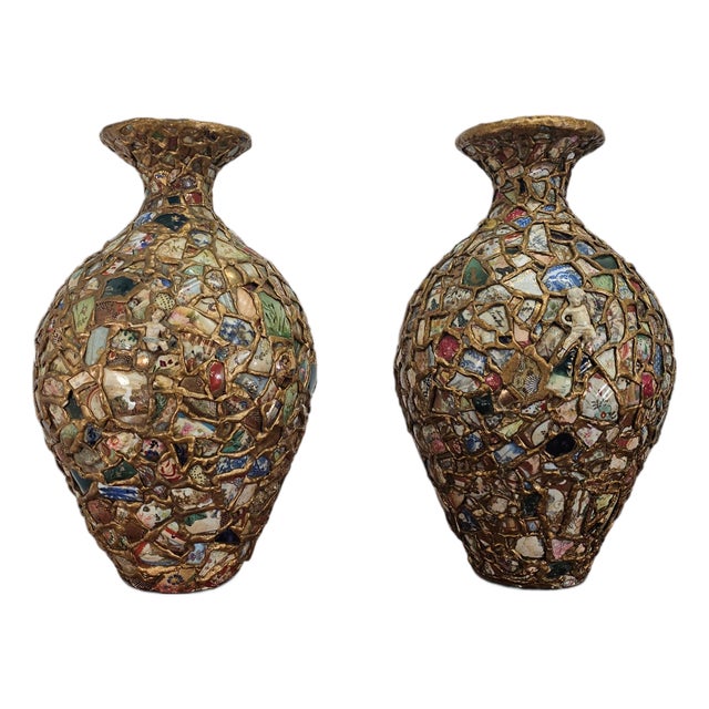Monumental Pair California Memory Ware Mosaic Floor Vases Pique Asiette 23" For Sale