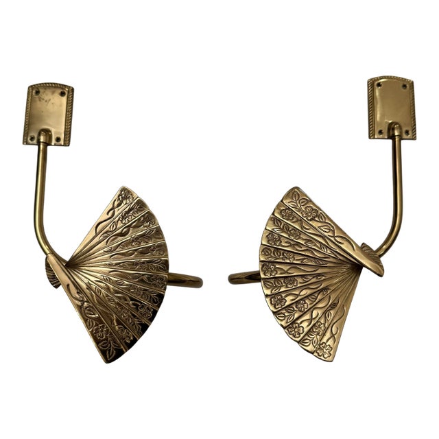 Pair of Vintage Hollywood Regency Solid Brass Curtain Tiebacks For Sale