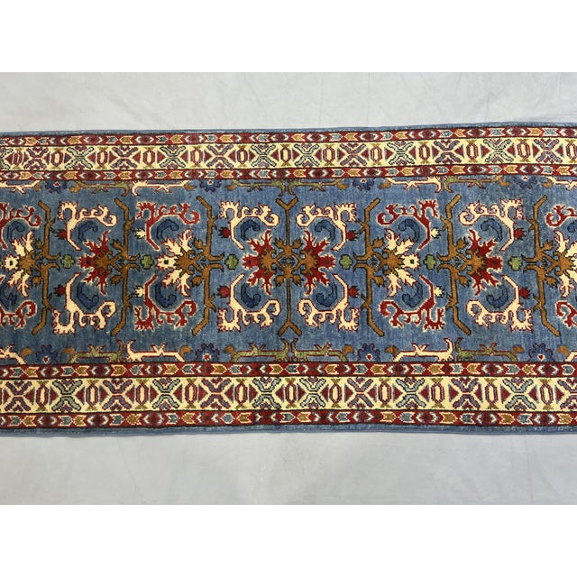 Blue and Cream Floral Wool Runner Rug With Natural Dyes, 2'6" X 6'3" For Sale - Image 4 of 13