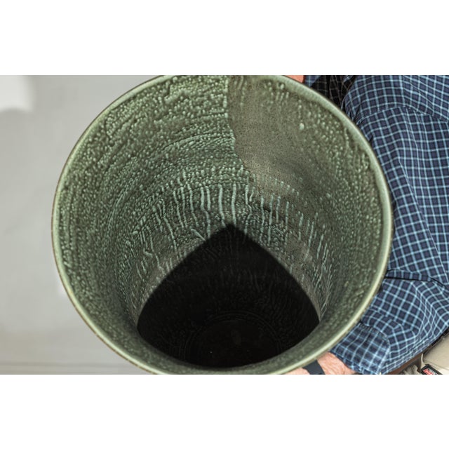 Late 20th Century Artisan Large Ceramic Planter with Green-Grey, Brown, and Ochre Drip Glaze For Sale - Image 12 of 18