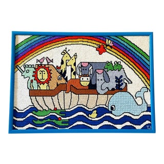 Vintage 1970s Noah’s Ark Framed Needlepoint For Sale