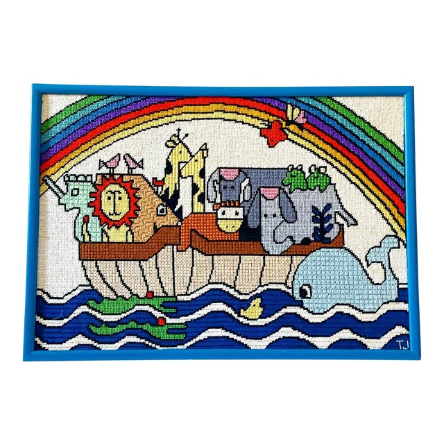 Vintage 1970s Noah’s Ark Framed Needlepoint For Sale