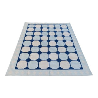 Handmade Cotton Natural Vegetable Dyed Reversible Light and Indigo Blue and White Box Pattern Vista Rug - 6'x9' For Sale