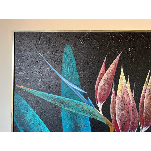 Black Large 1980's Lee Reynols Bird of Paradise Flowers Oil on Canvas Painting, Framed/ Sold For Sale - Image 8 of 13