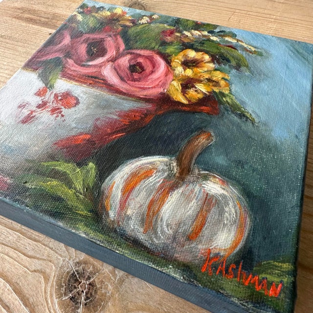 Chinosierie Turneen Painting With Autumn Roses, Sunflowers and Pumpkins, Thankful & Blessed by Artist Kristin Ashman For Sale - Image 4 of 12