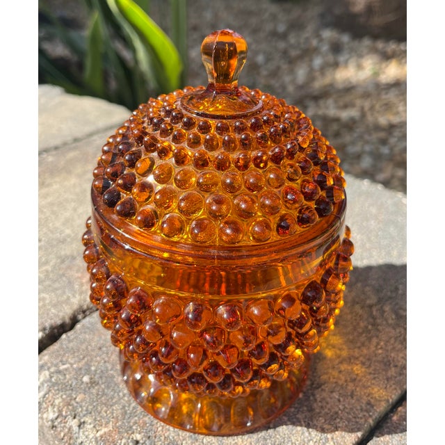 Art Deco Vintage Amber Hobnail Lidded Art Glass Candy Jar For Sale - Image 3 of 8