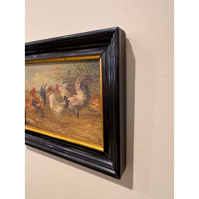 English School c.1920 Oil - "Cockerals" A charming depicting of cockerels in a farmyard. Monogramed 'J.S.' to the lower...