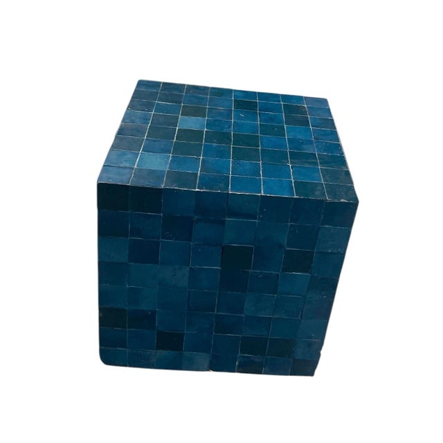 2000 - 2009 Vintage Moroccan Deep Blue Zellige Terracotta Tile Cube Side Table For Sale - Image 5 of 12