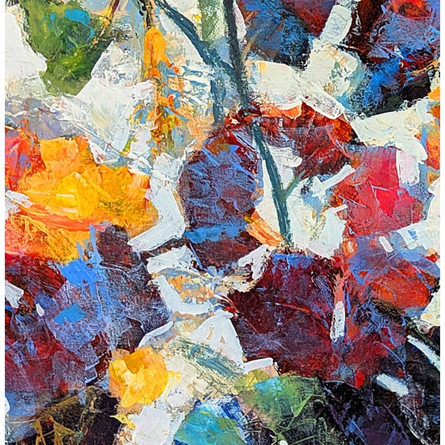 Abstract Abstract Contemporary Acrylic on Gallery Wrap Canvas Floral Red and Gold Flowers For Sale - Image 3 of 4
