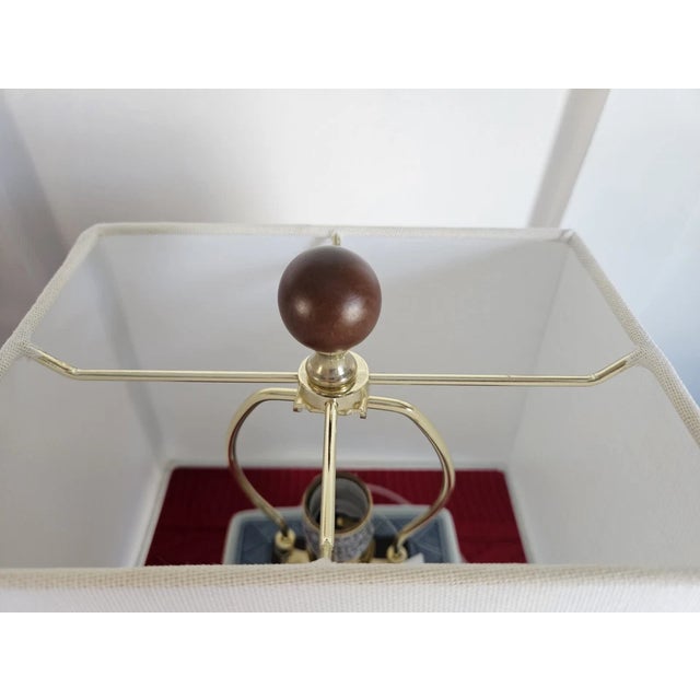 Vintage Lauren Ralph Lauren White and Blue Koi Fish Small Porcelain Table Lamp With Shade For Sale In Phoenix - Image 6 of 7